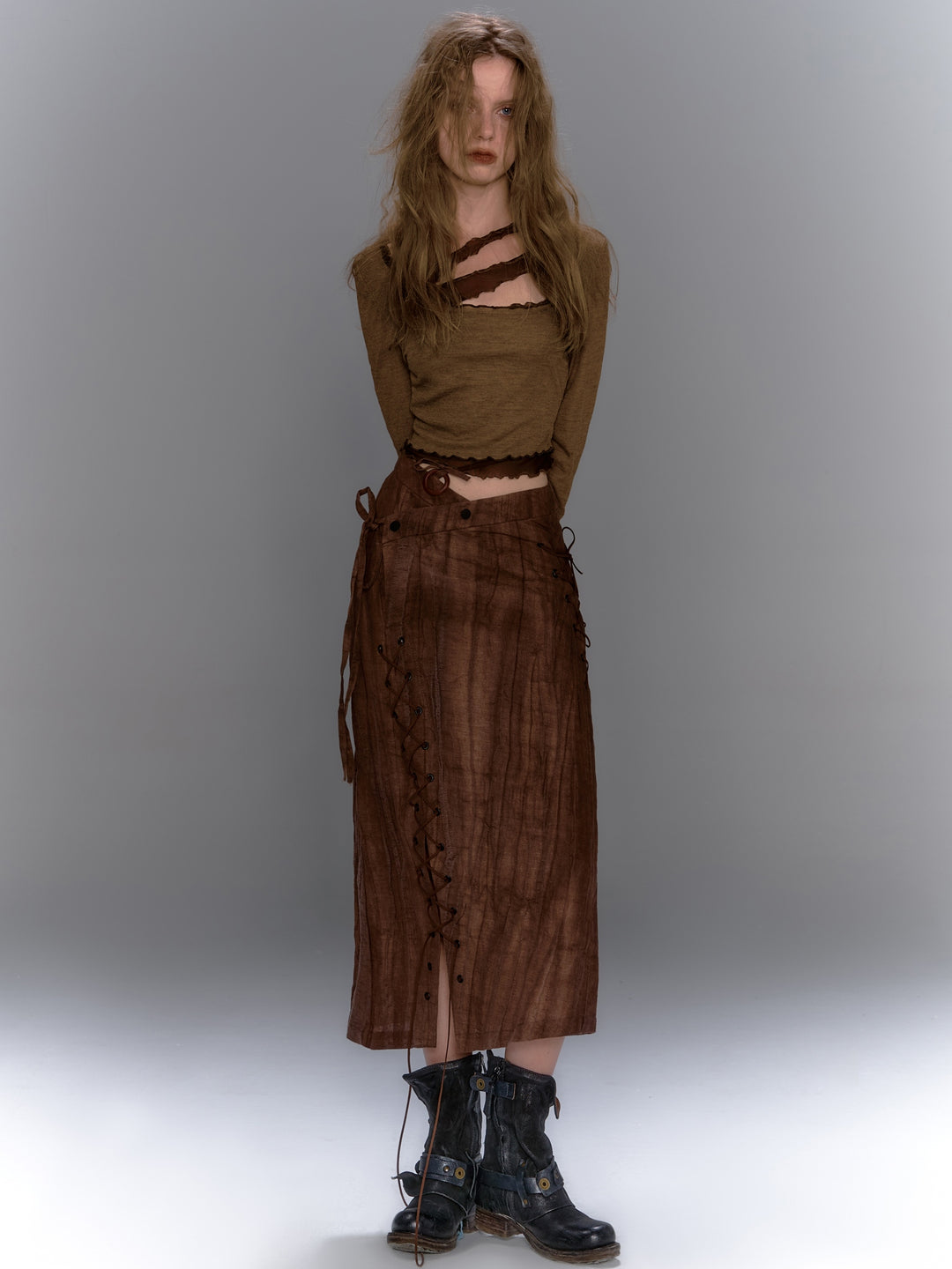 Asymmetric Lace Up Skirt - Brown