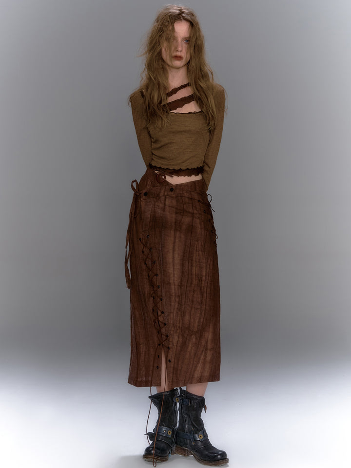 Asymmetric Lace Up Skirt - Brown