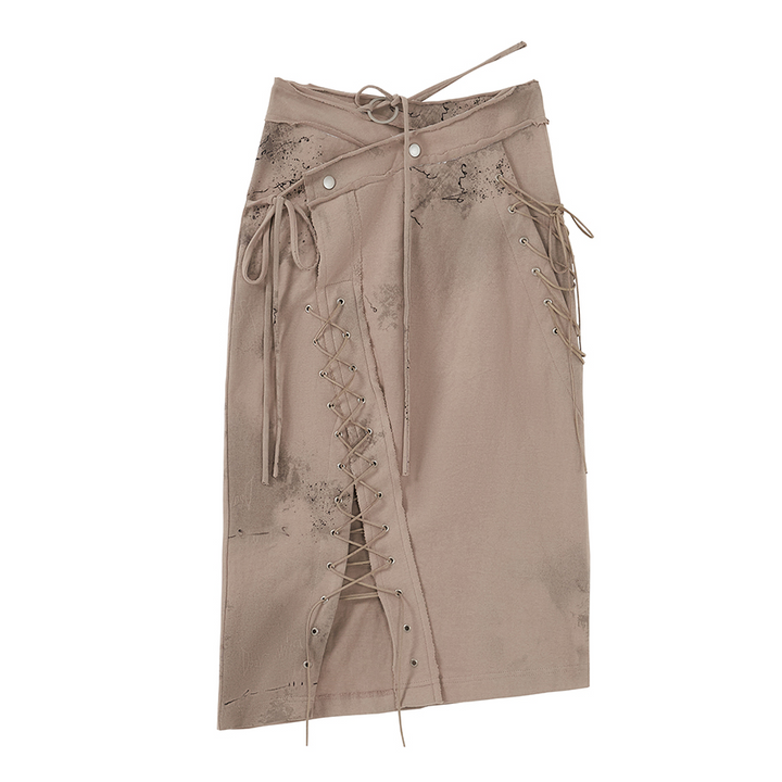 Asymmetric Lace Up Skirt - Beige