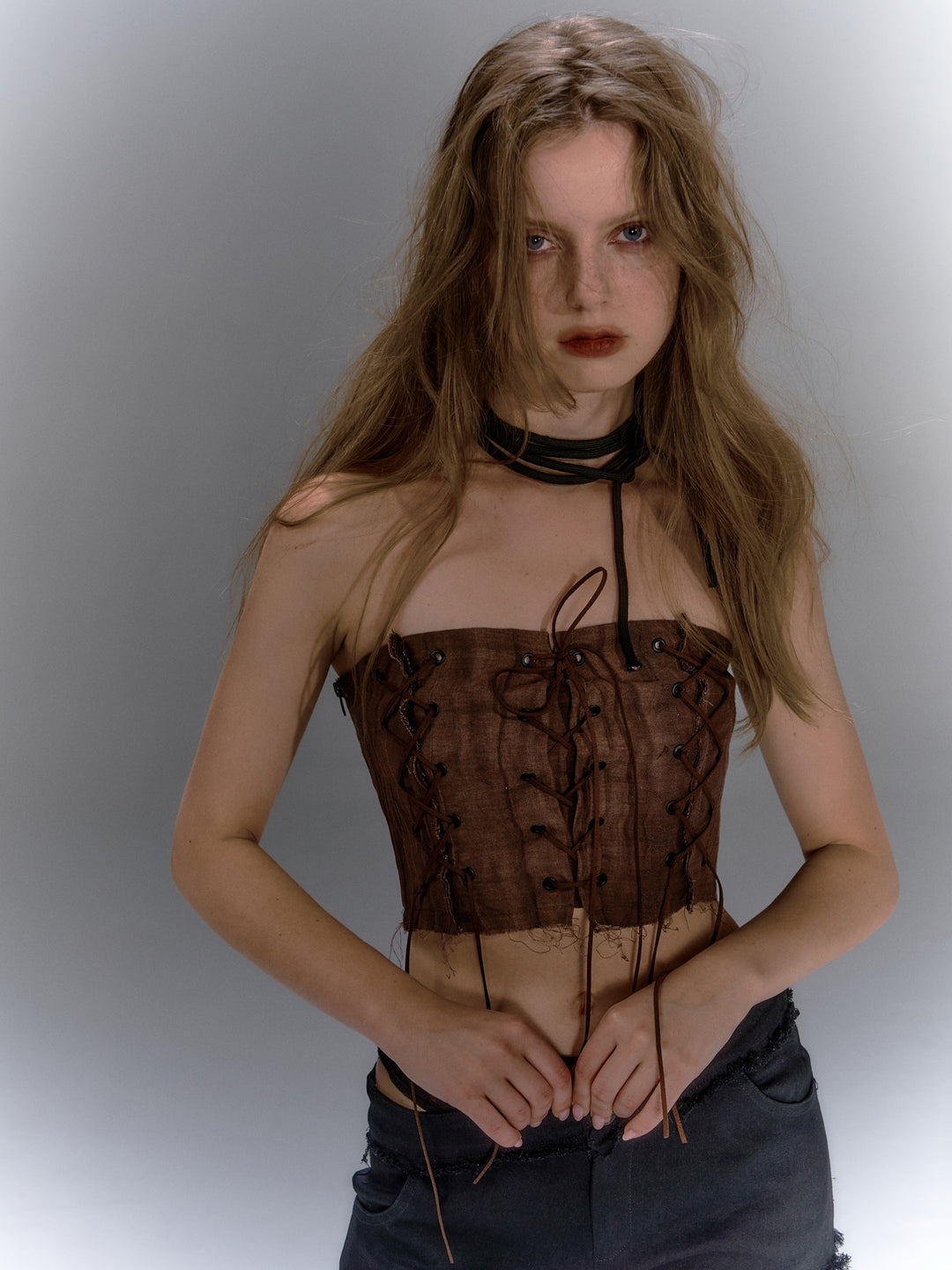 Lace Up Tube Top - Brown