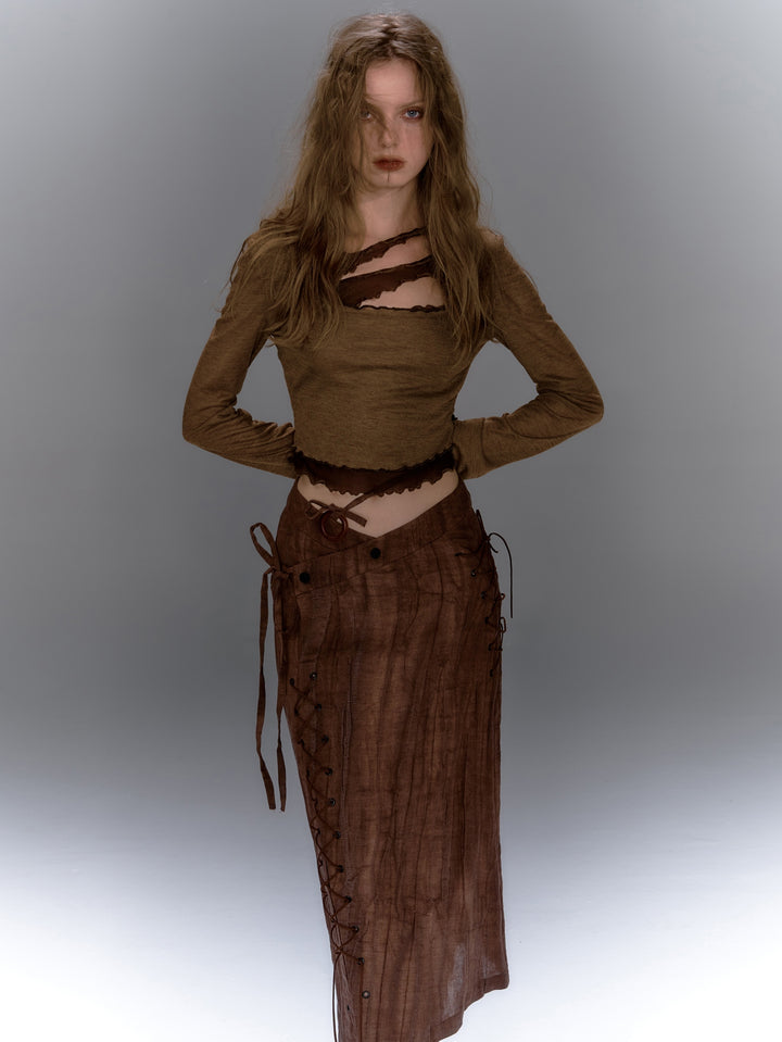 Asymmetric Lace Up Skirt - Brown