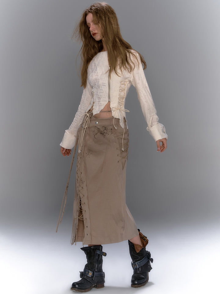 Asymmetric Lace Up Skirt - Beige