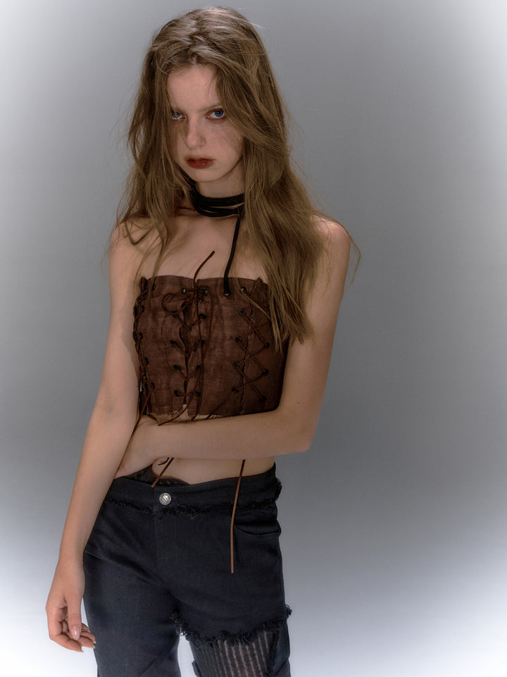 Lace Up Tube Top - Brown