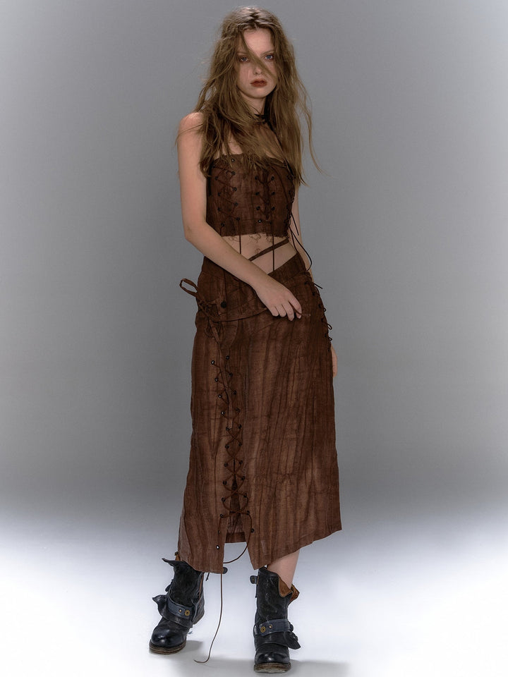 Asymmetric Lace Up Skirt - Brown